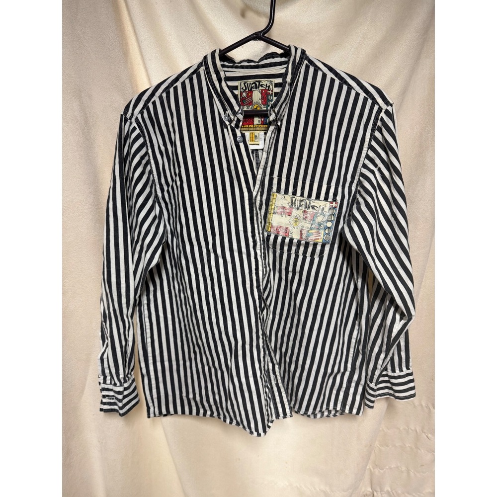 Vintage Unisex Swatch Shirts Black White Striped Button Down Graphic Pocket  M